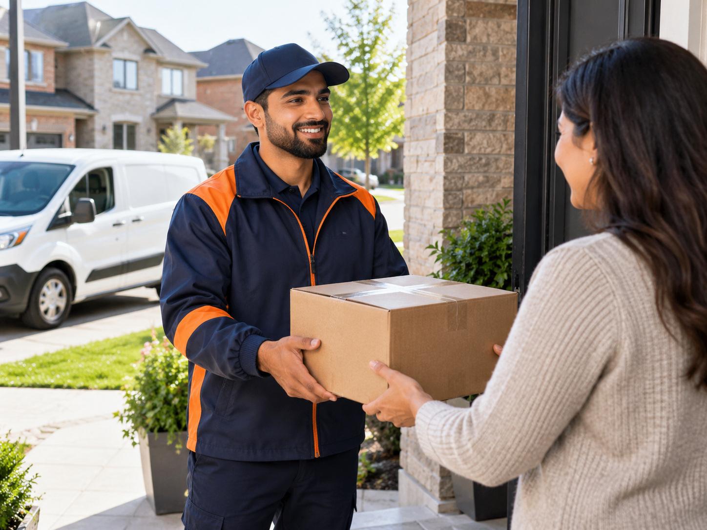 Ratz Logistics driver handing a parcel to a customer at their front door