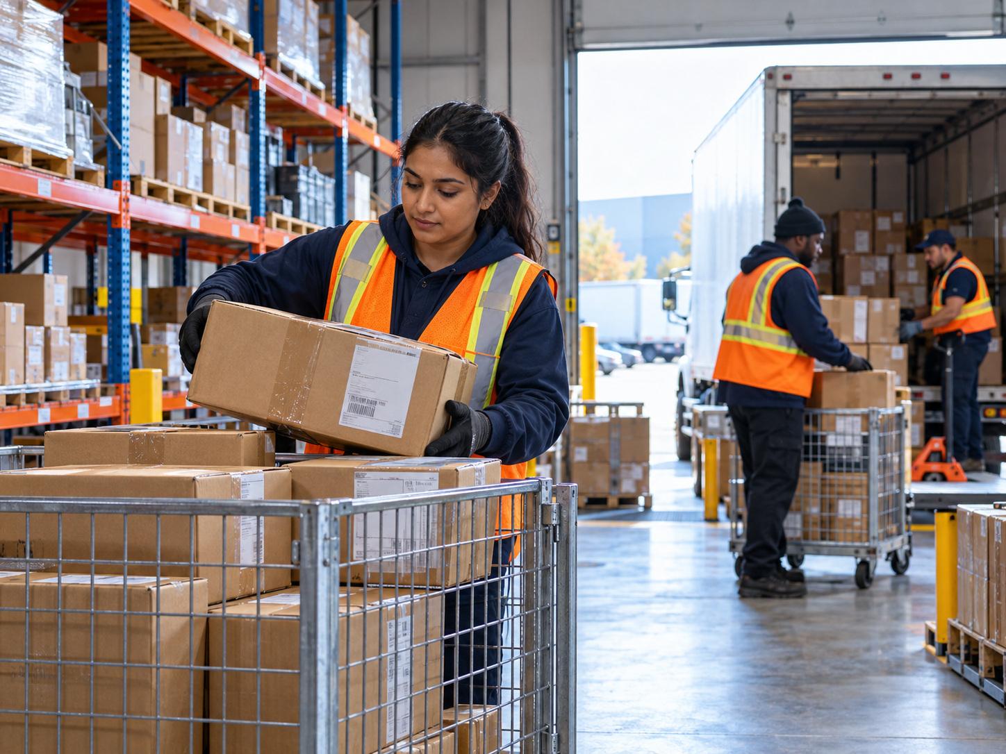 Warehouse associate sorting parcels onto pallet racking near a loading dock
